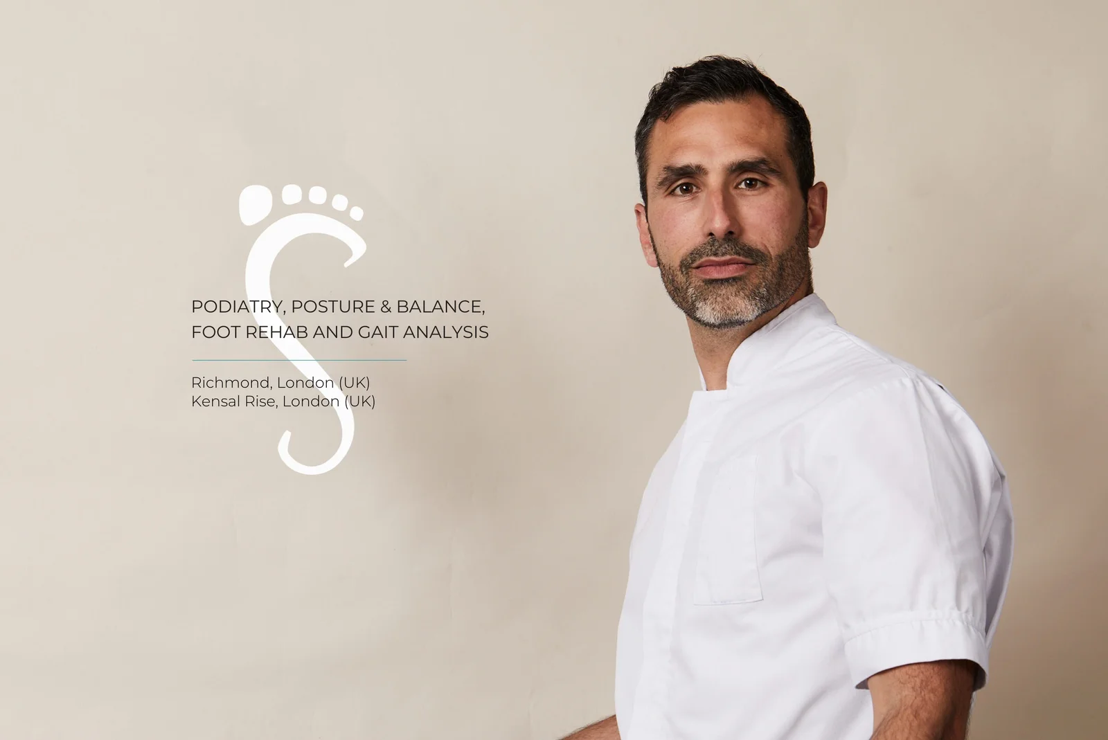 Suhaib Molina Gonzalez in a white clinical tunic, beside the Molina Podiatry footprint mark